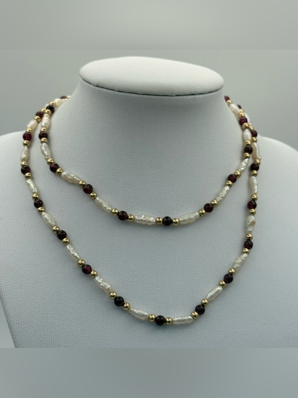 14/20 gold filled freshwater Pearl and Garnet Layered Necklace with Gold Beads